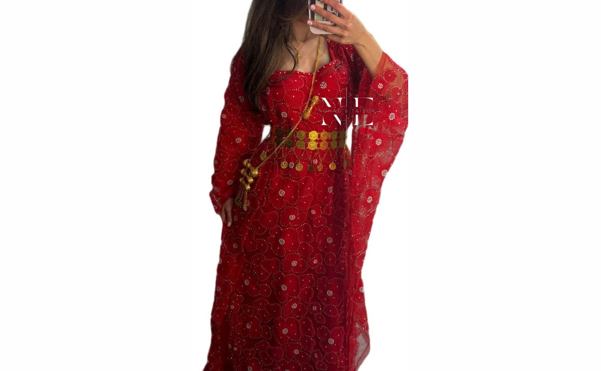 Red and White Floral Kurdish Clothes