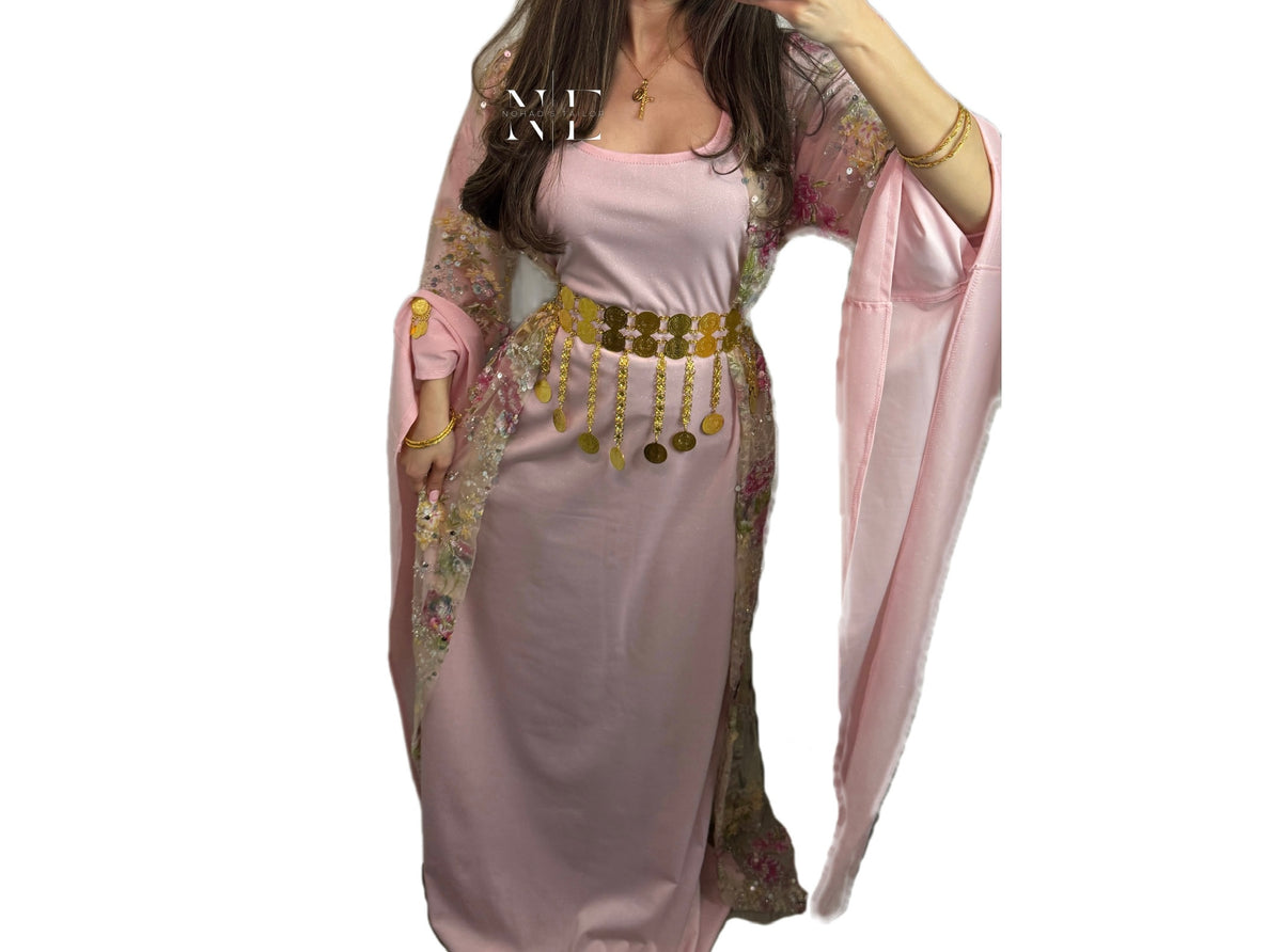 Pink Embroidered Floral Kurdish Clothes