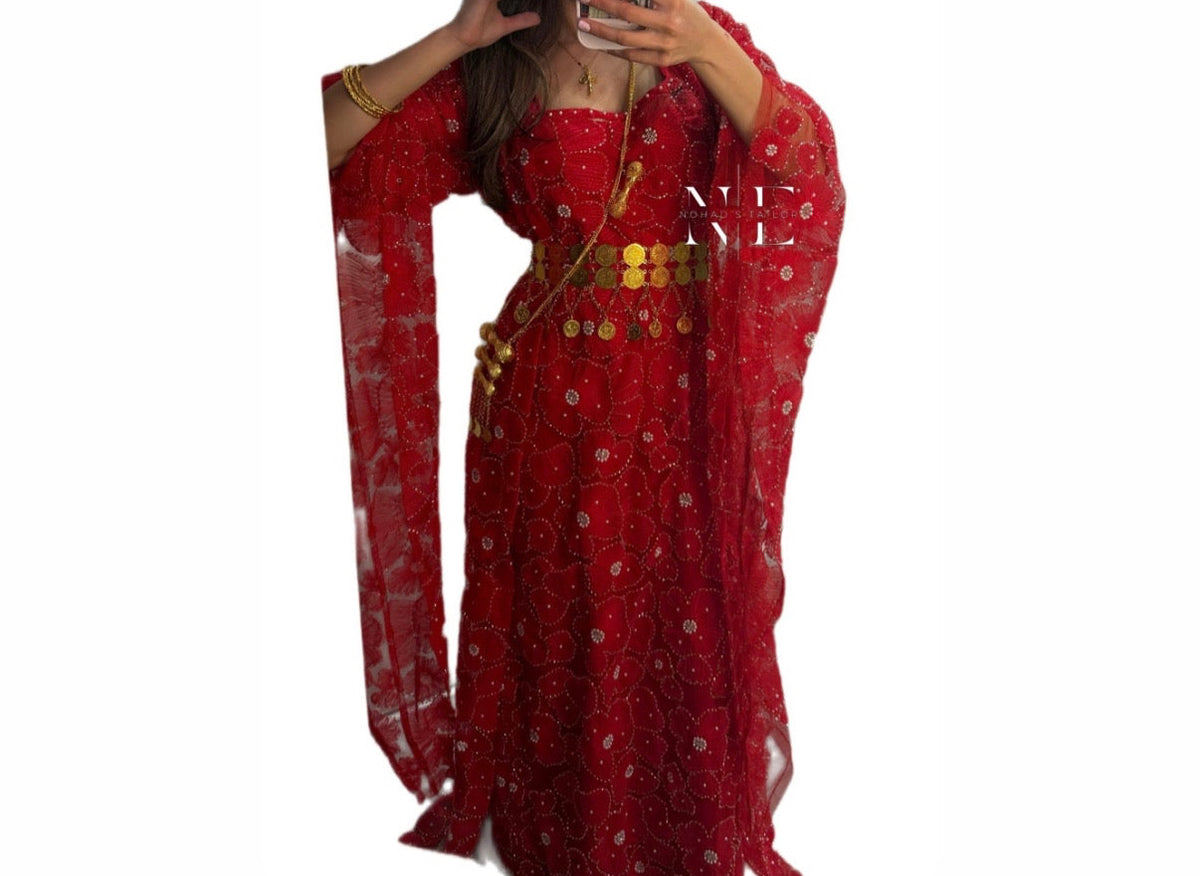 Red and White Floral Kurdish Clothes