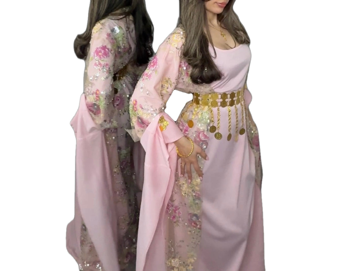 Pink Embroidered Floral Kurdish Clothes