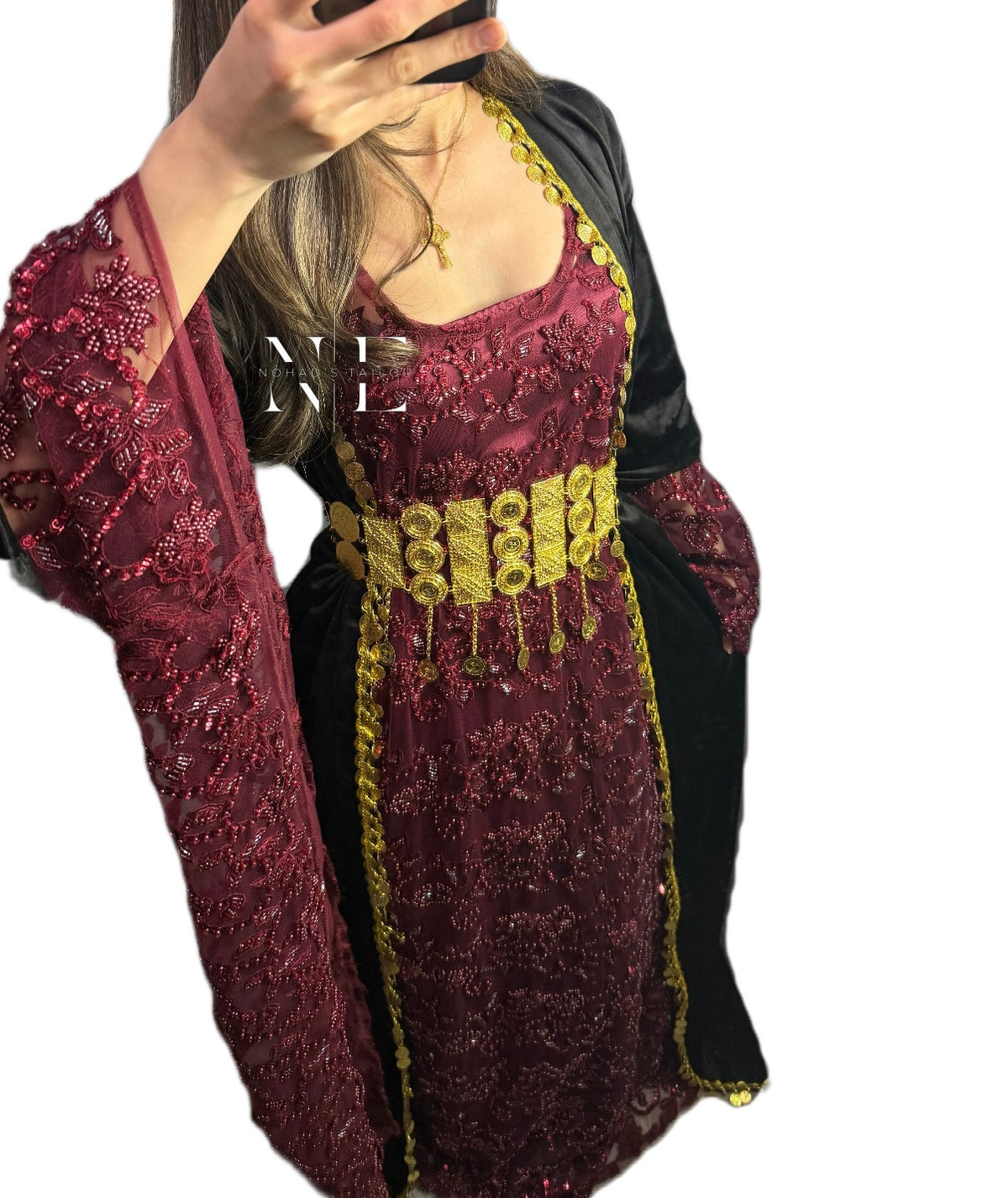 Beaded Burgundy and Black Velvet Kurdish Clothes
