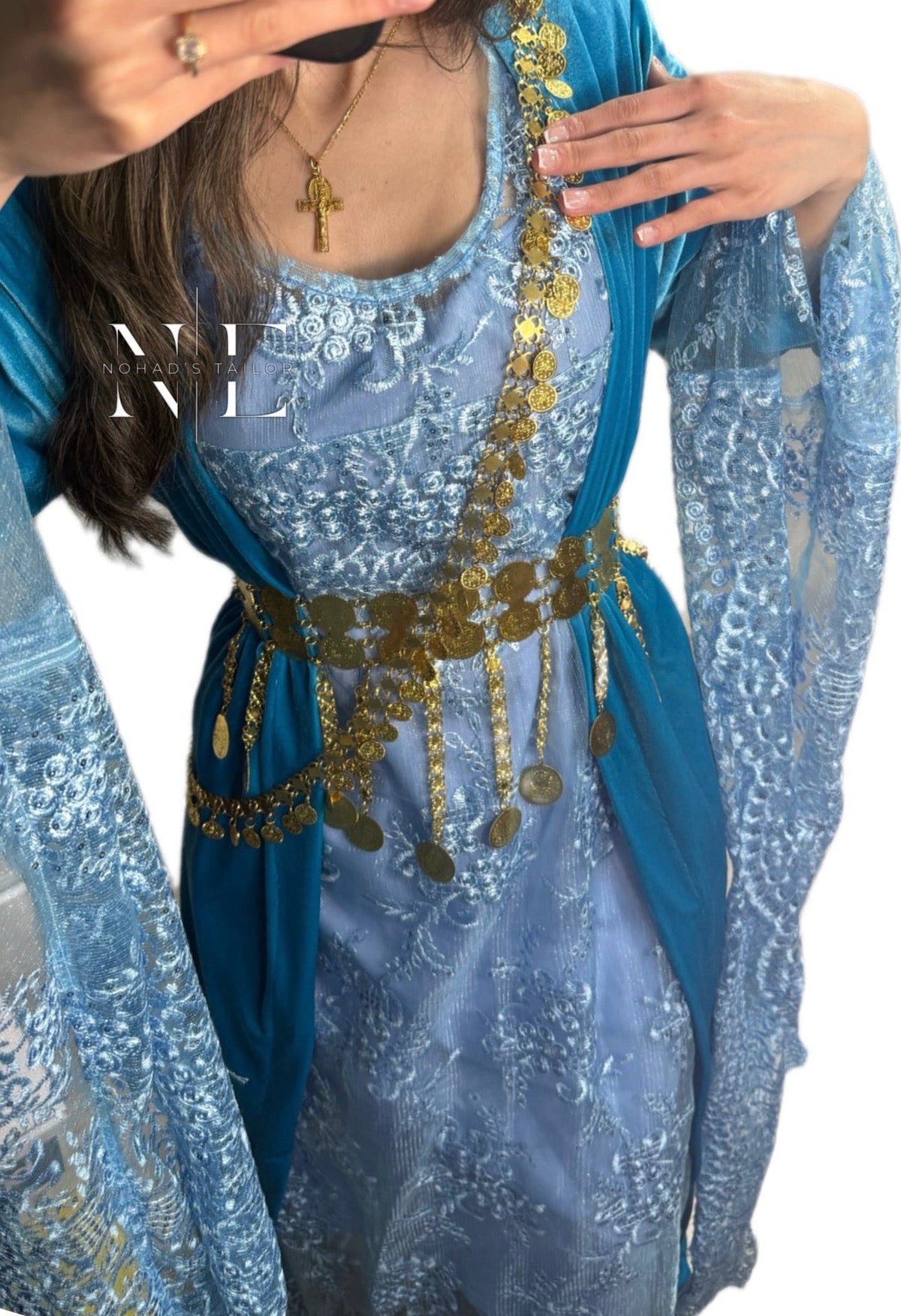 Light Blue Lace and Velvet Kurdish Clothes