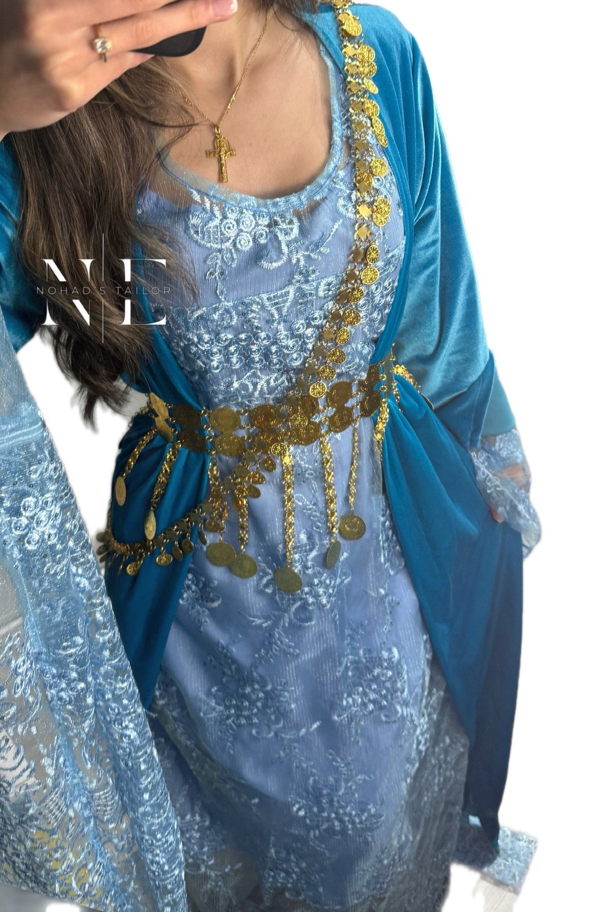 Light Blue Lace and Velvet Kurdish Clothes