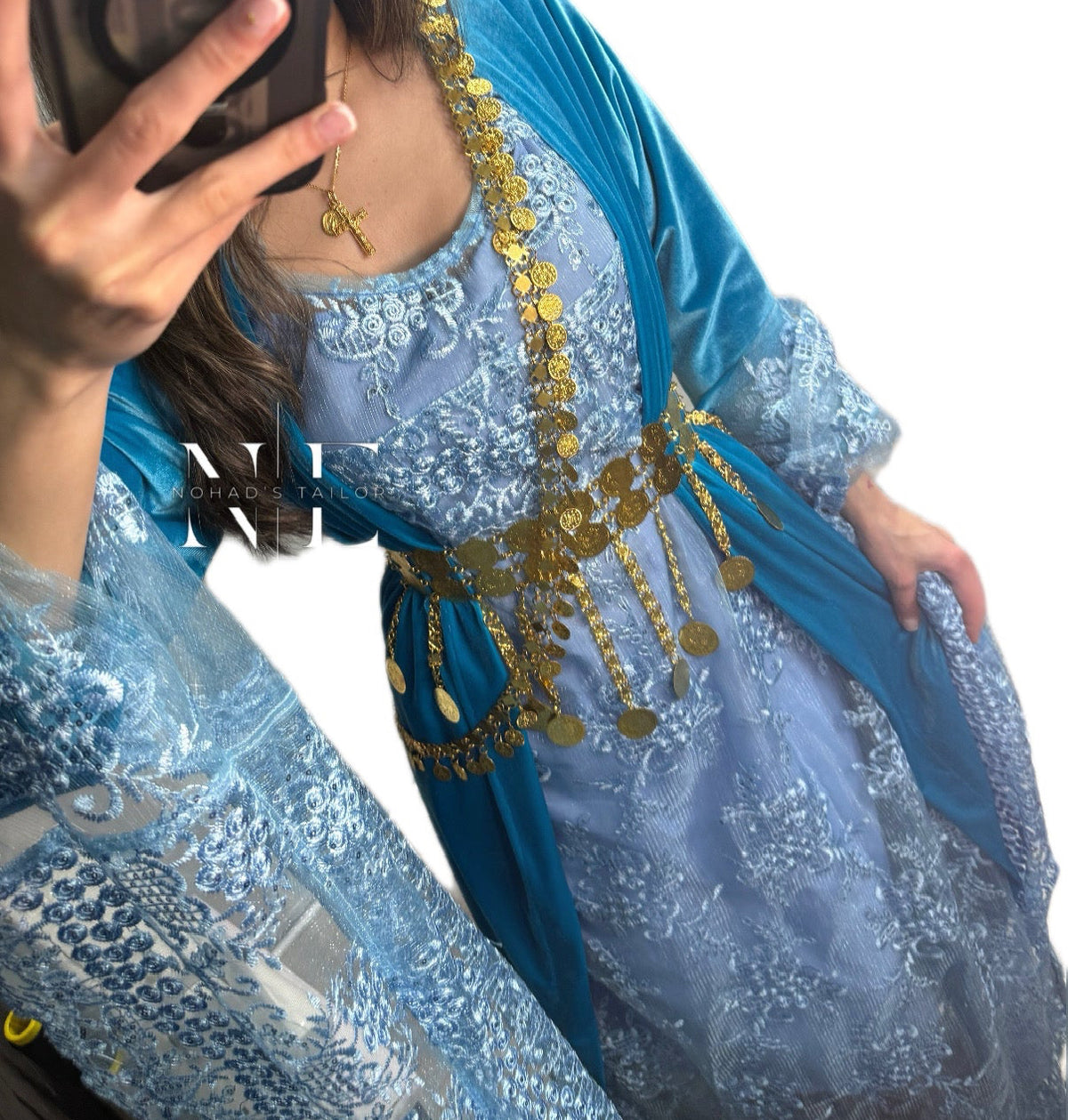 Light Blue Lace and Velvet Kurdish Clothes