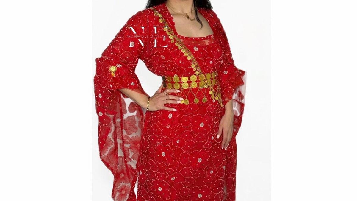 Red and White Floral Kurdish Clothes