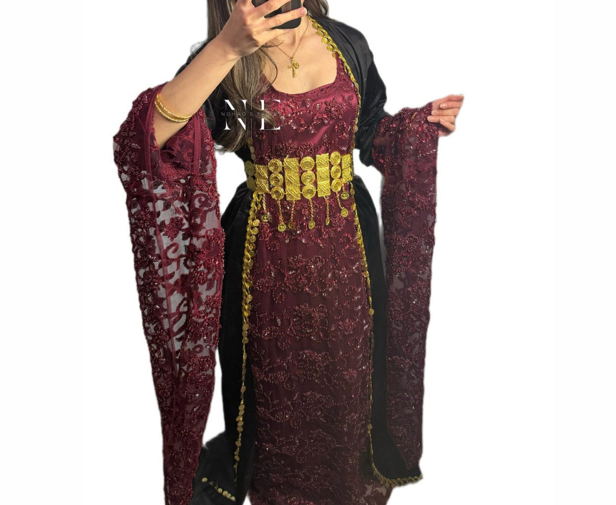 Beaded Burgundy and Black Velvet Kurdish Clothes