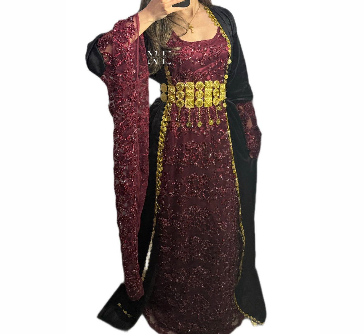 Beaded Burgundy and Black Velvet Kurdish Clothes