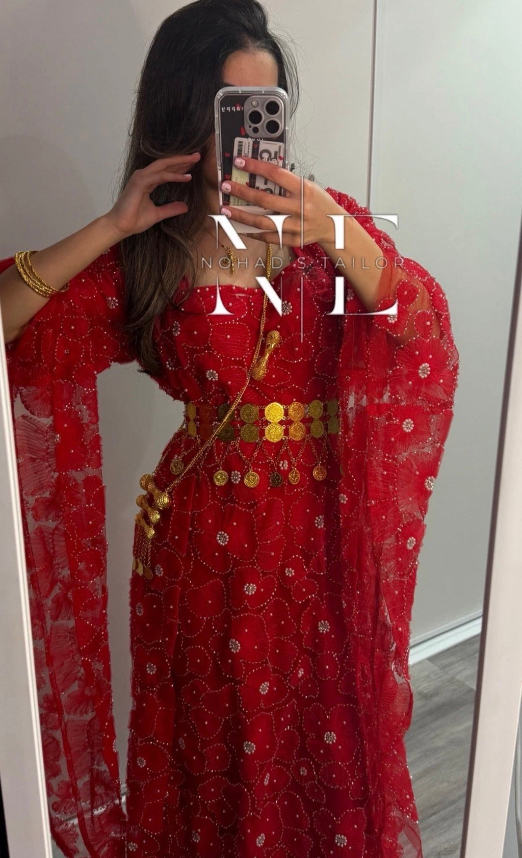 Red and white floral Kurdish Gown (Jilli Kurdi)
