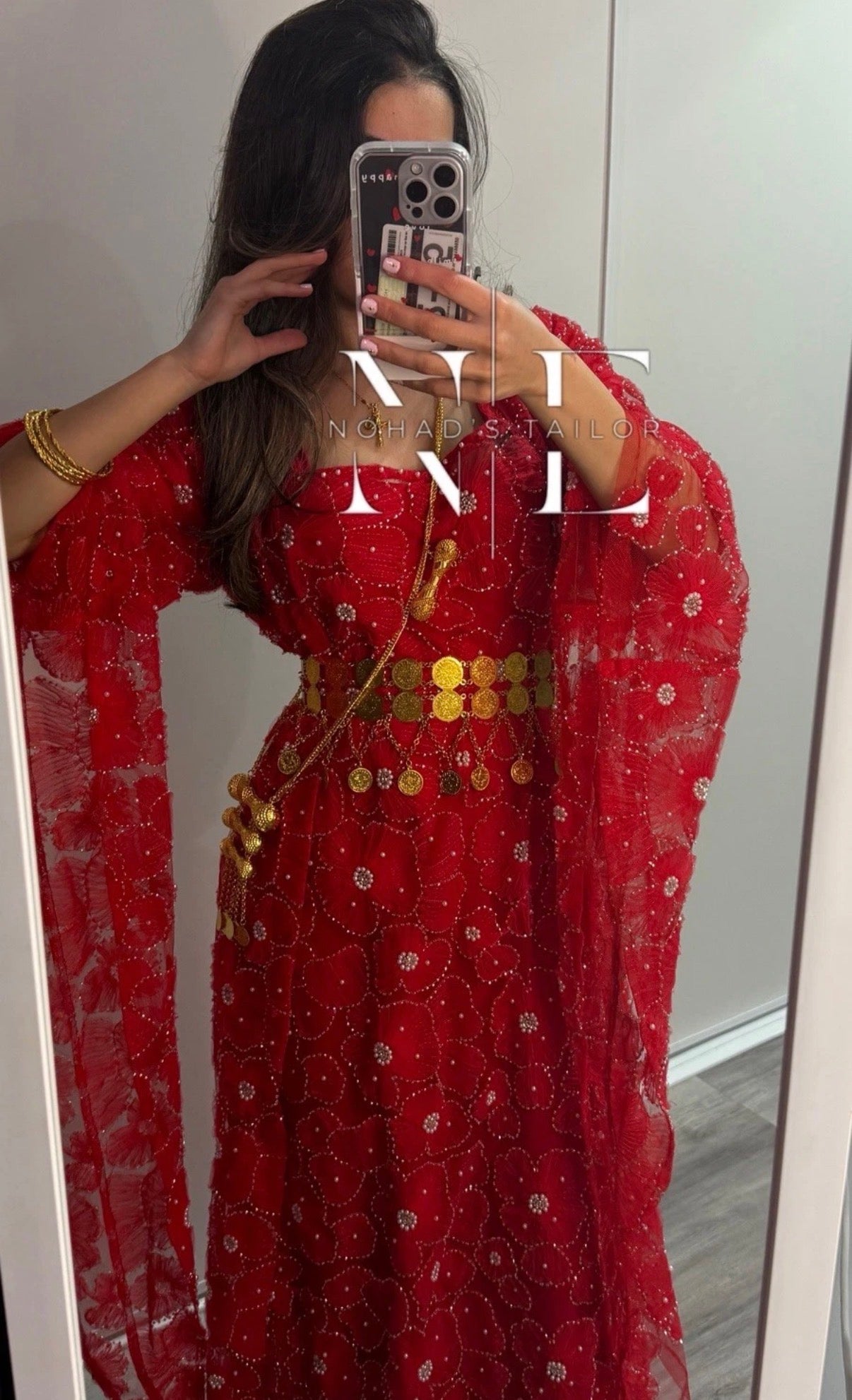 Red and white floral Kurdish Gown (Jilli Kurdi)